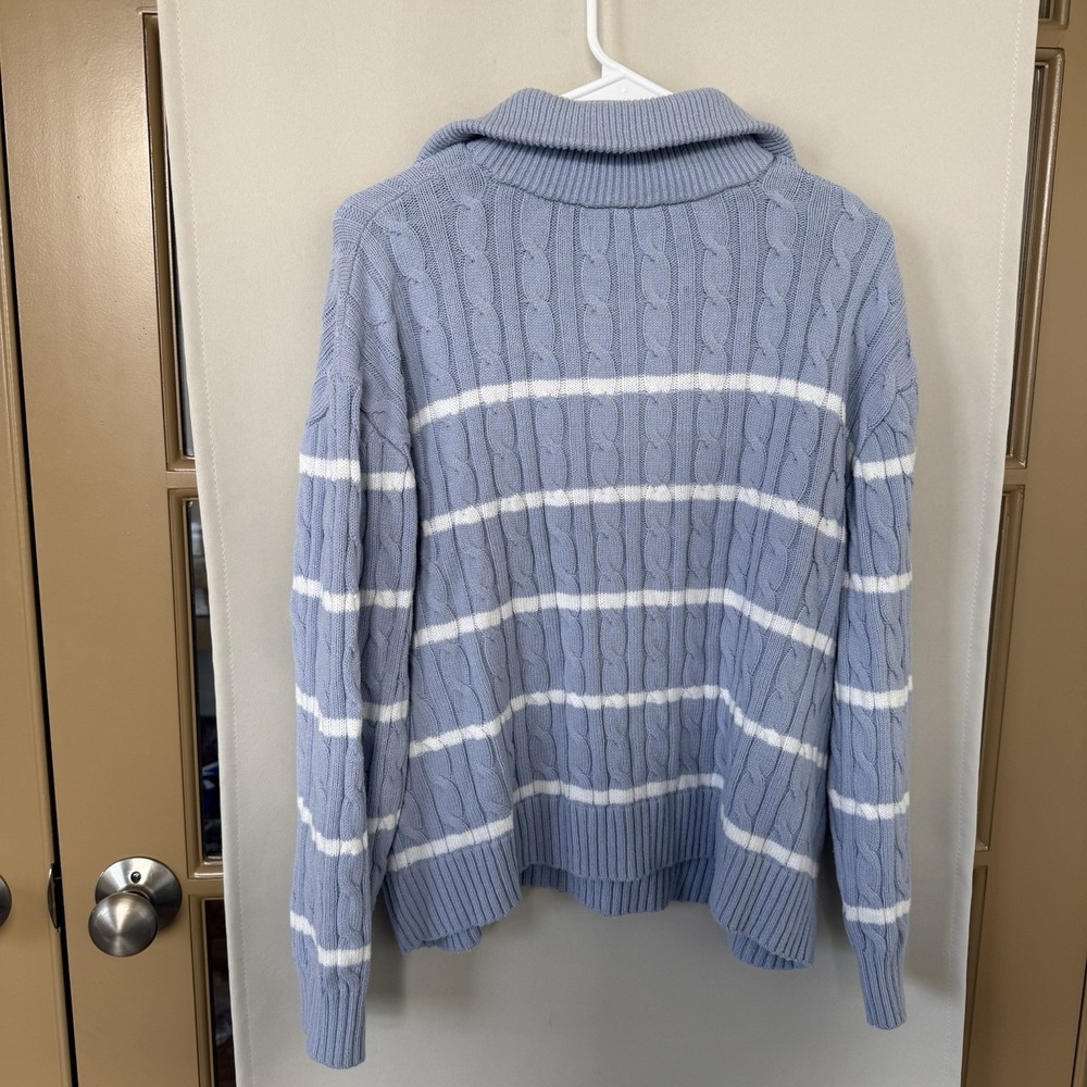 Hollister Womens Medium Blue White Stripe 1/4 Zip Cable Knit Long Sleeve Sweater - Picture 3 of 7